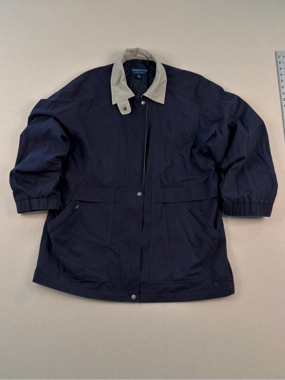 London Fog Navy Minimal Jacket Beige Collar Oversized XL Vintage Coat